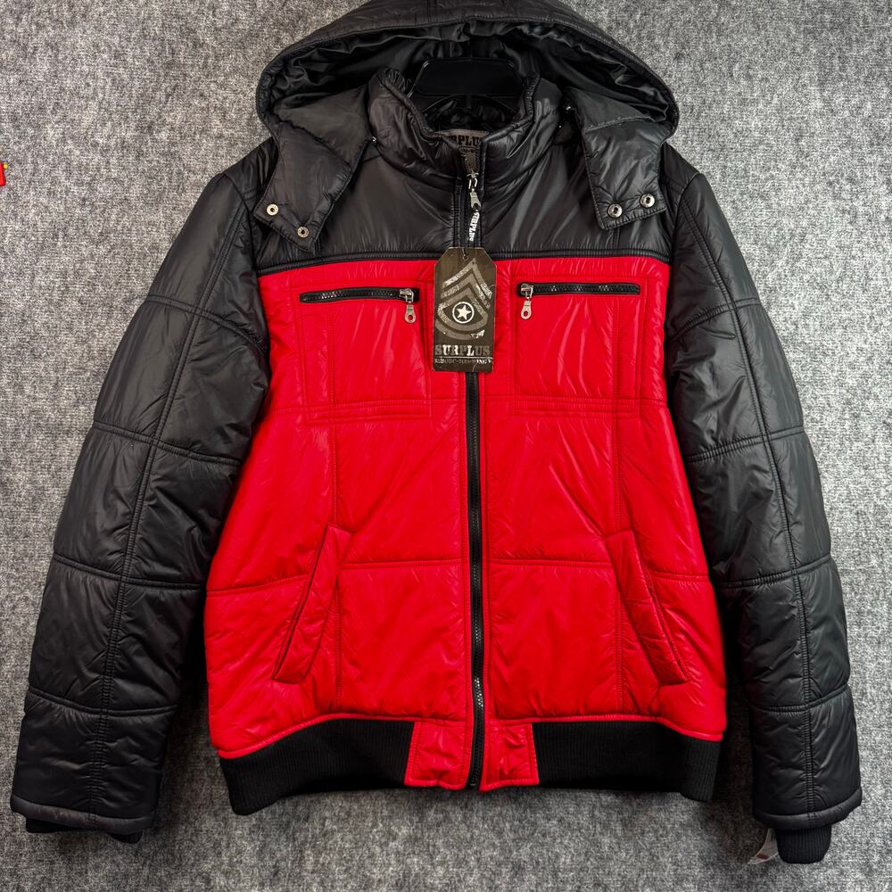 Men's Surplus Black Red Puffer Jacket Hooded Nylon Winter Coat XL